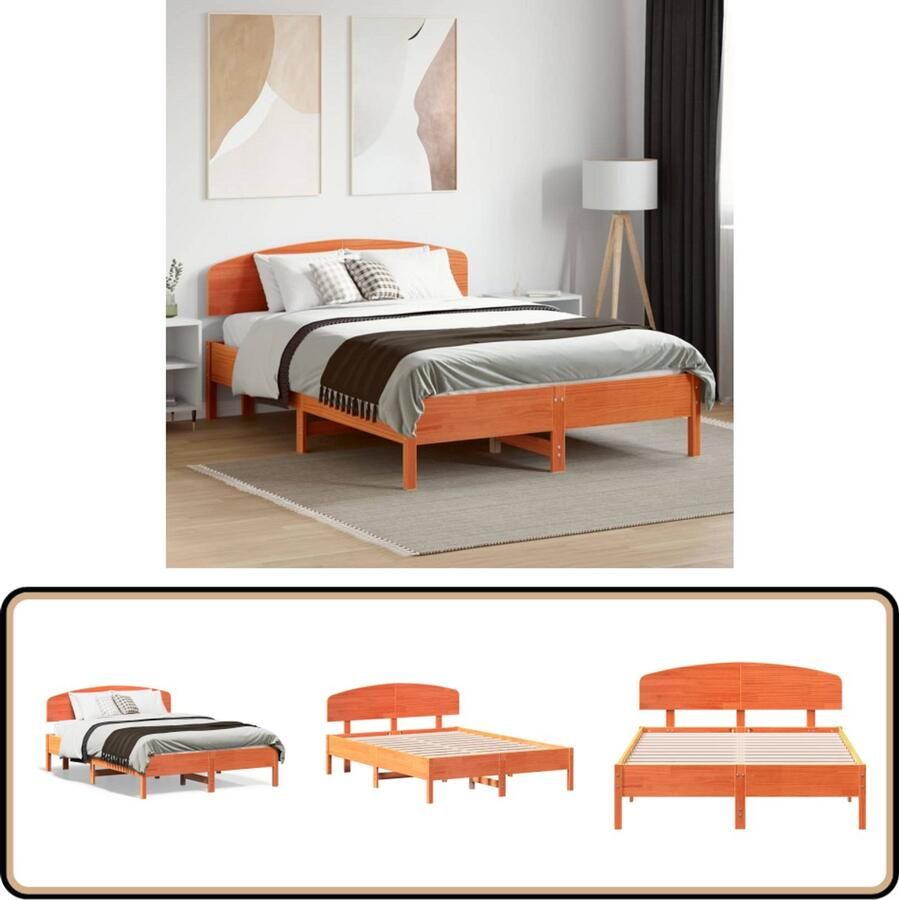 VidaXL Wasbruine Bed Frame Massief Grenenhout Bed Frame Bedframe zonder matras massief grenenhout wasbruin 135x190 cm Bed Frame 135x190 Tweepersoons Bed Frame Houten Bed Frame