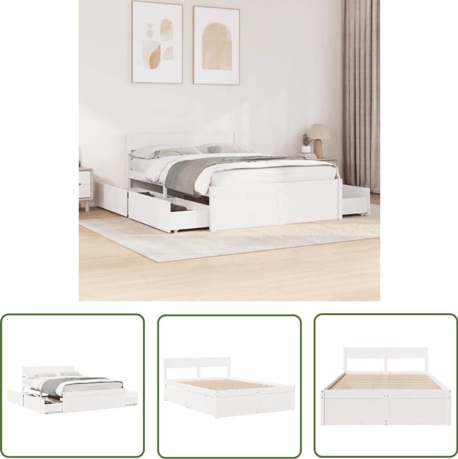 VidaXL Bedframe zonder matras massief grenenhout wit 135x190 cm Massief Houten Bed Grenenhouten Bed Met Lade Wit Bed Tweepersoons Bed