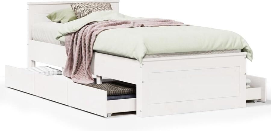 VidaXL Bedframe met hoofdbord zonder matras grenenhout wit 75x190 cm - Foto 2