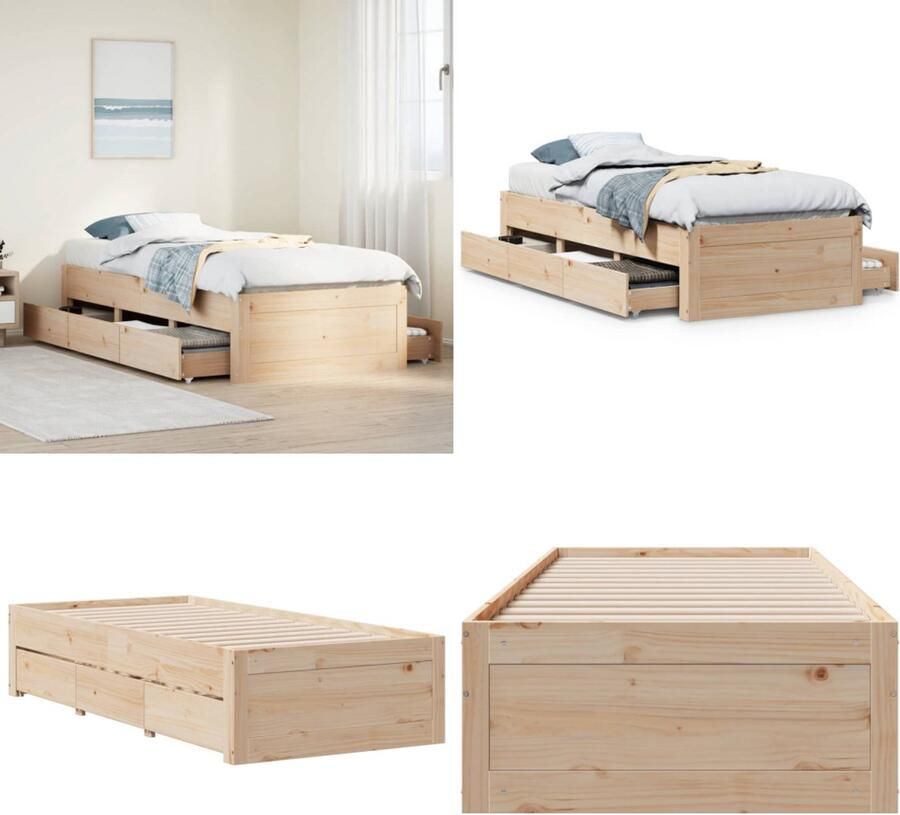 VidaXL Bedframe zonder matras met lades massief grenenhout 100x200 cm Bedframe Bedframes Bed Bedbodem