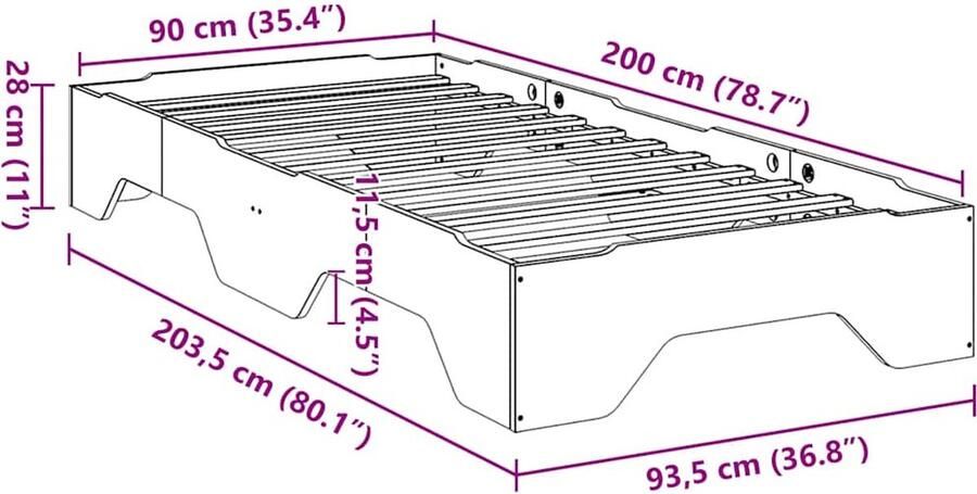 VidaXL Bedframe zonder matras stapelbaar wasbruin 90x200 cm hout
