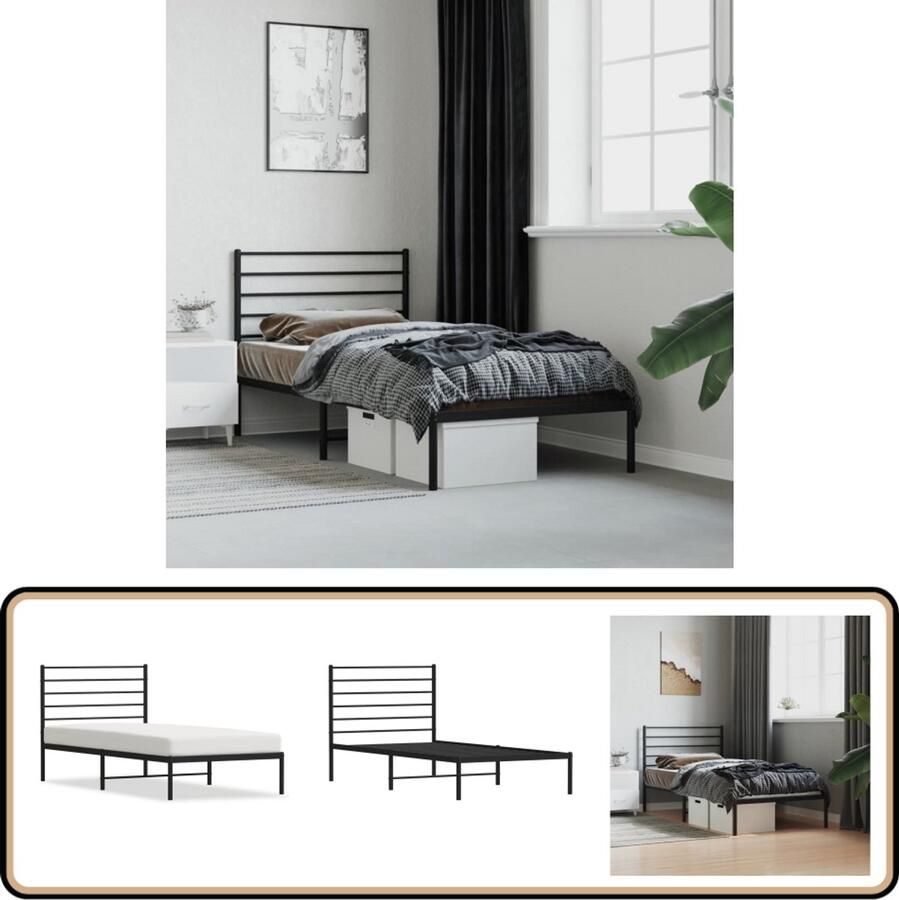 VidaXL Bedframe Zwart 107x203 cm Stalen constructie Klassieke Bed Frame Metalen Bedframe Tweepersoons Bed Zwarte Bed Frame Bed Frame Met Hoofdbord