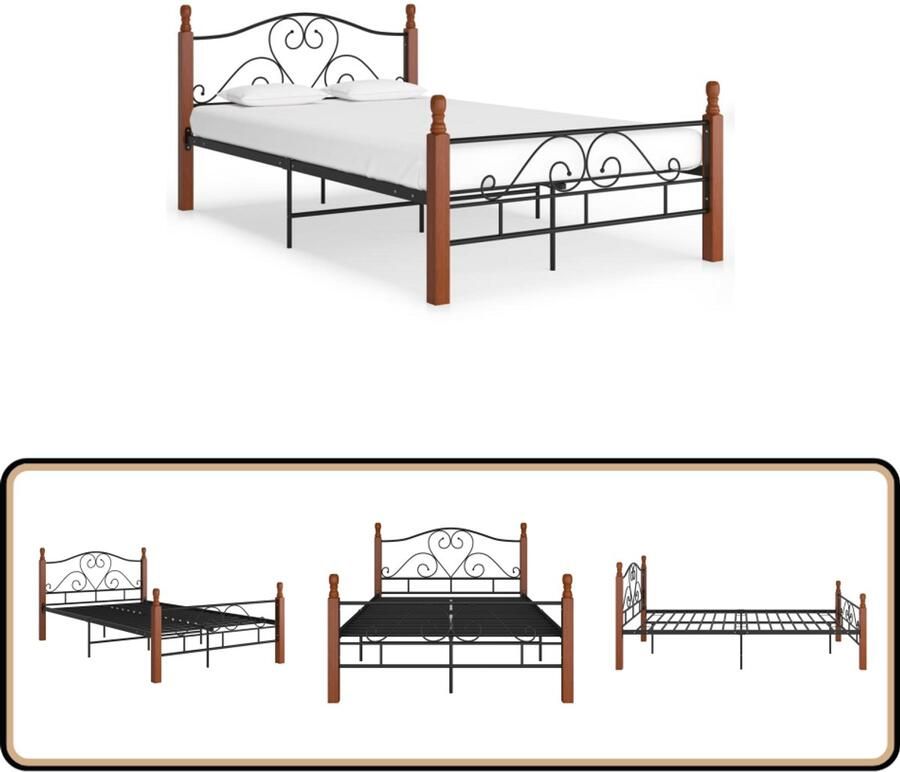 VidaXL Bedframe Zwart 120x200 cm Metaal en Hout Metalen Bedframe Donker Eikenhouten Bed Tweepersoonsbed Boxspring Bed Hoofdbord Stapelbare Bedbodems Zwarte Bed
