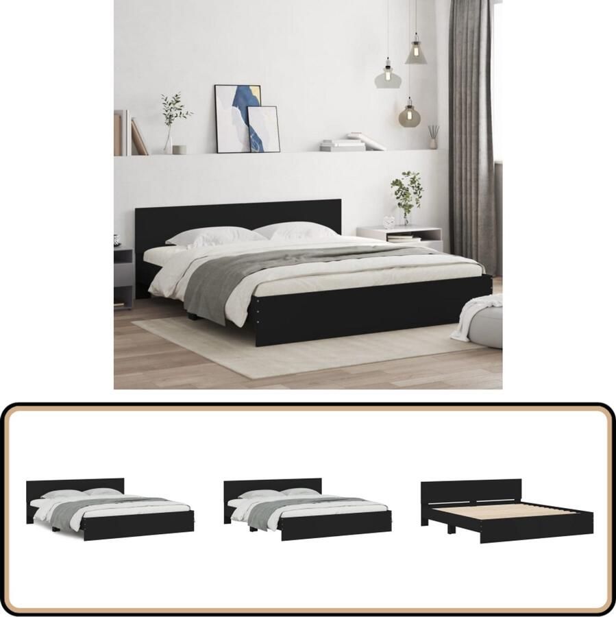 VidaXL Bedframe Zwart 160x200 cm Met hoofdeinde Slaapcomfort Houten Bed Frame Boxspring Bed Tweepersoons Bed Hoofdbord Bed Zwarte Bedbank Design Bed Modern Bed Comfortabel Bed Duurzame Bed