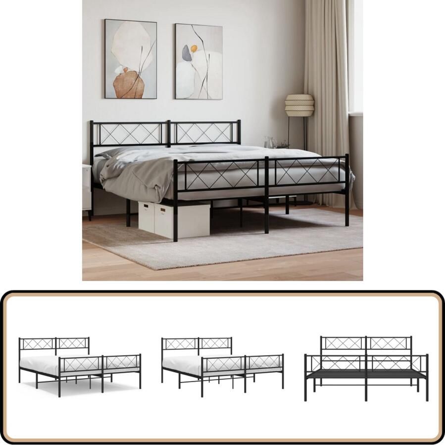VidaXL Bedframe Zwart 160x200 cm Met voetbord Metalen Bedframe Boxspring Bed King Size Bed Tweepersoonsbed Zwart Bed Staal Bedframe Modern Bed Rustiek Bed Bedroom Furniture