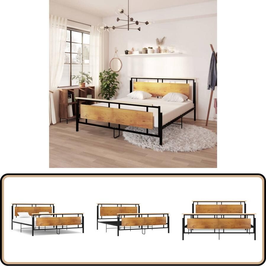 VidaXL Bedframe Zwart 180x200 cm Modern Ontwerp Metalen Bed Frame Houten Bed Frame Eikenhouten Bed Frame Tweepersoons Bed Boxspring Frame Slaapcomfort Slaapkamersdecoratie Design Bed Frame Modern Bed Frame