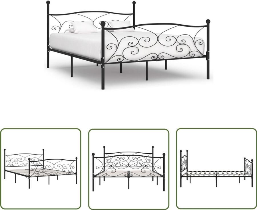 VidaXL Bedframe Zwart 200x200 cm Metaal en Hout Metalen Bed Frame Tweepersoonsbed Zwarte Bedpost Classic Bed Slaapcomfort Modern Bed Voor Volwassenen Bedframe Met Lattenbodem