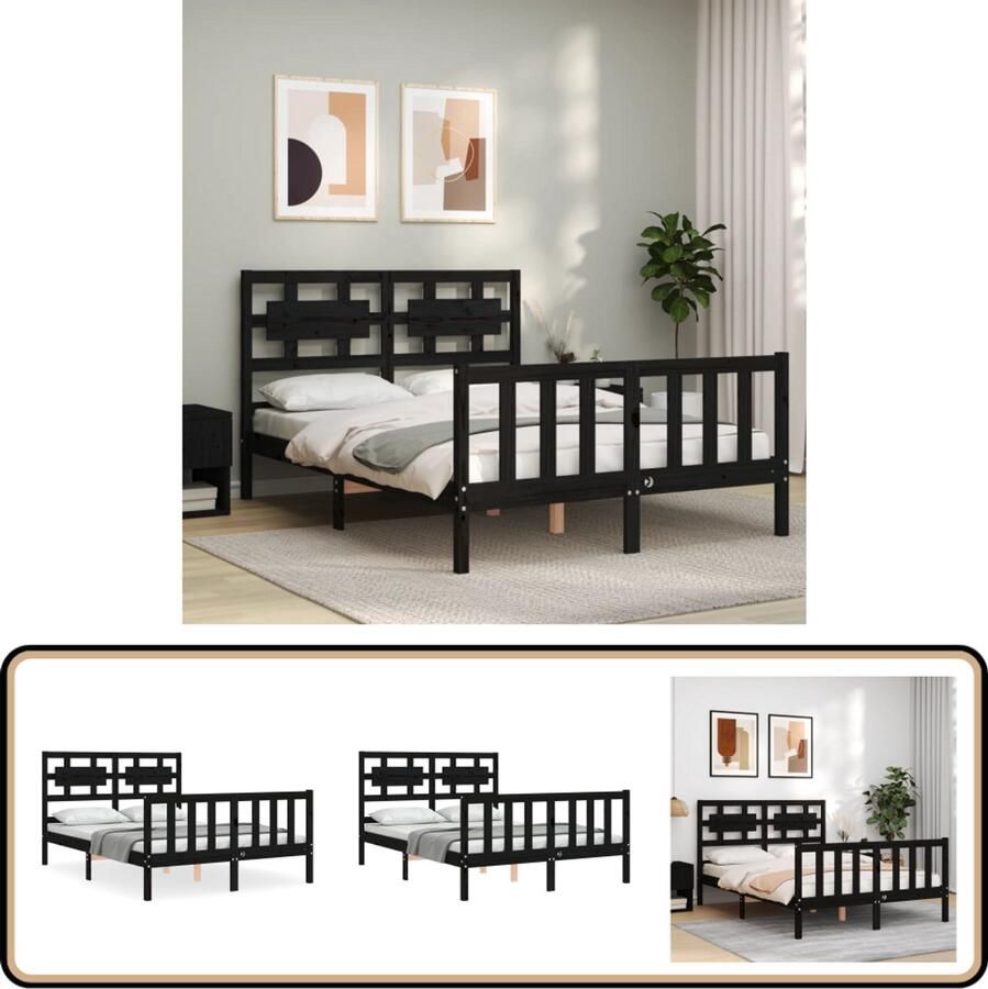 VidaXL Bedframe Zwart Massief hout 140x190 cm Massief Hout Bed Frame Zwarte Bedpost Grenenhout Bed Tweepersoons Bed Boxspring Bed