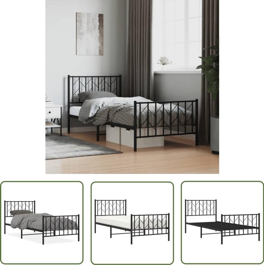 VidaXL Bedframe Zwart Metalen Bedframe met hoofd- en voeteneinde metaal zwart 90x190 cm Bedframe 90x190 Staal Bedframe Modern Bedframe