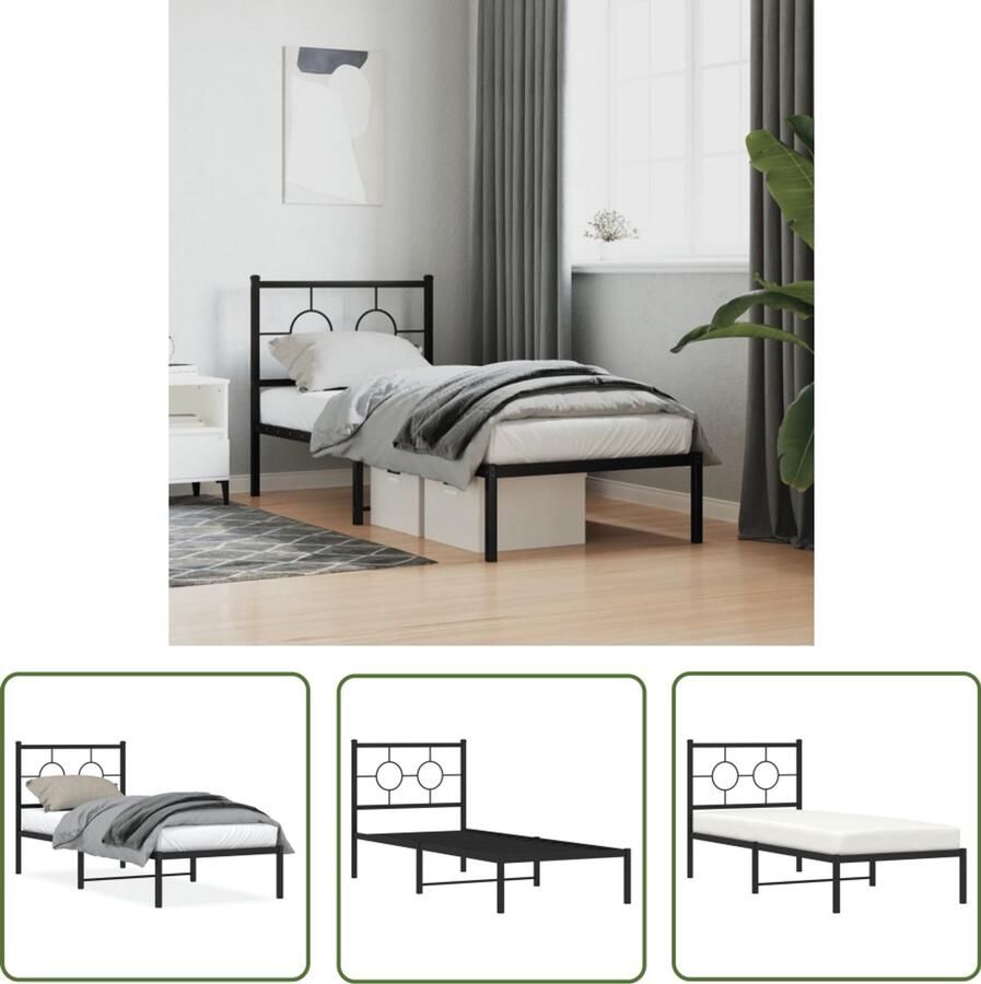 VidaXL Bedframe Zwart Metalen Bedframe met hoofdbord metaal zwart 75x190 cm Bedframe 75x190 Staal Bedframe Compact Bedframe