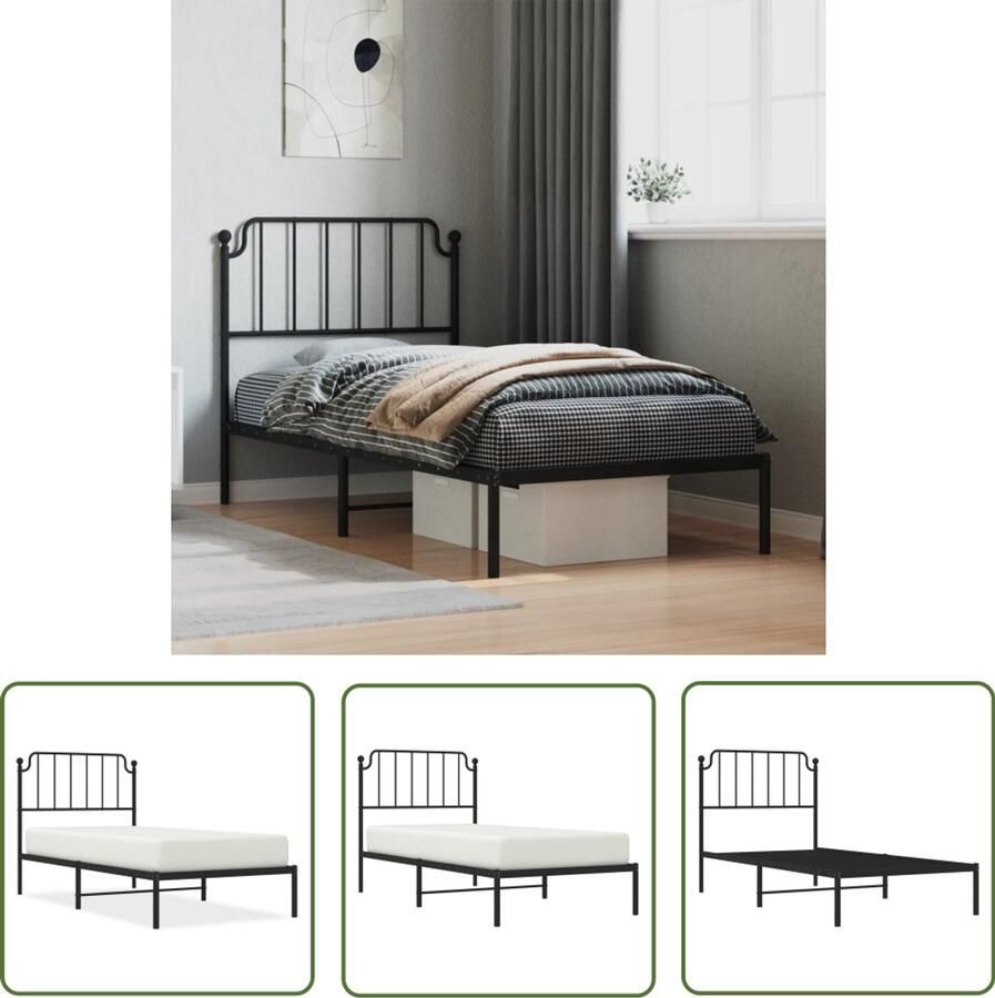 VidaXL Bedframes Slaapkamers Bedframe met hoofdbord metaal zwart 90x190 cm Boxspring Frames Zwarte Bedframes Staal Bedframes