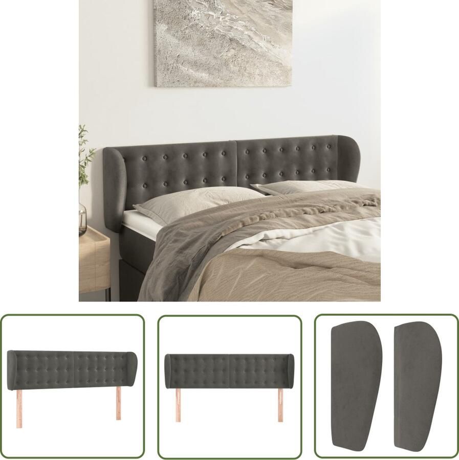 The Living Store Hoofdbord met randen 147x23x78 88 cm fluweel donkergrijs Hoofd Bord Bedhoofdbord Velvet Hoofdbord Grijs Hoofdbord Adjustable Hoofdbord