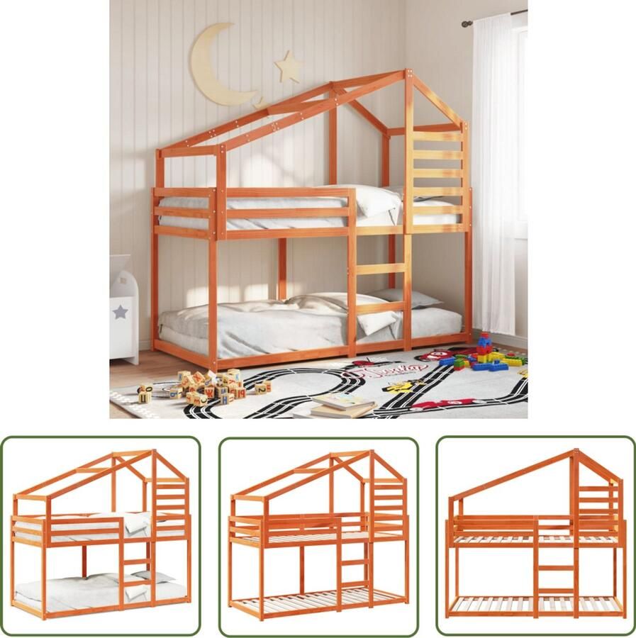 VidaXL Stapelbed met bedhuis massief grenenhout wasbruin 90x200 cm Stapelbed Bedhuis Grenenhout Houten Bed Kids Bed