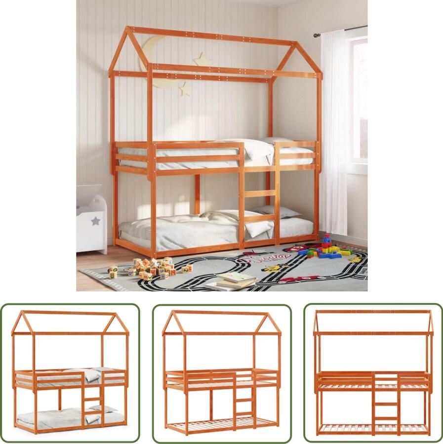 VidaXL Stapelbed met bedhuis massief grenenhout wasbruin 90x200 cm Stapelbed Bedhuis Grenenhout Houten Bed Kinderbed