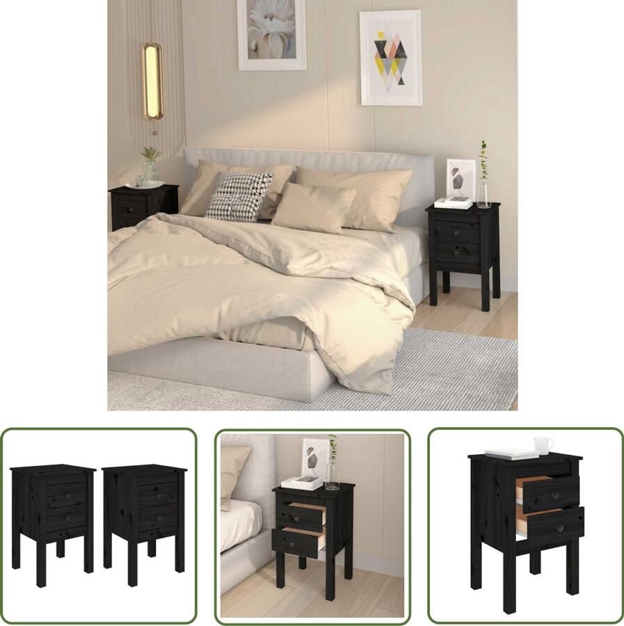 The Living Store Nachtkastjes 2 st 40x35x61 5 cm massief grenenhout zwart Nachtkastje Bedkamerinrichting Slaapkamermeubel Grenoble Hout Zwarte Kast - Foto 2