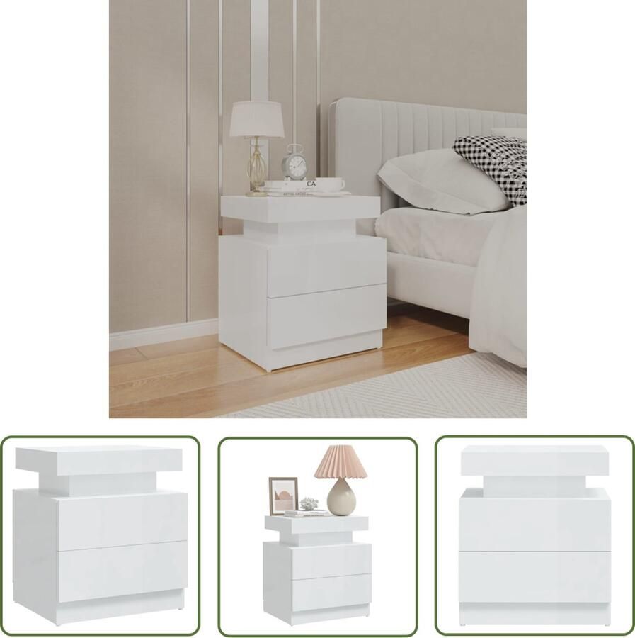 The Living Store Nachtkastje 45x35x52 cm bewerkt hout hoogglans wit Nachtkastje Bedkast Nachtlampje Slaapkamerinrichting Houten Kast - Foto 2