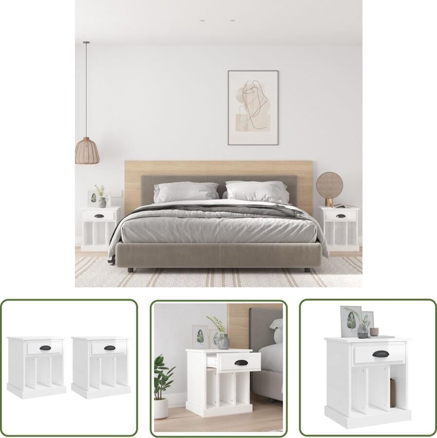 The Living Store Bedkasten Hoogglans wit 43 x 36 x 50 cm 1 lade 3 vakken Bewerkt hout Stevig tafelblad Nachtkastje Bedkast Houten Nachtkastje Wit Nachtkastje Opbergruimte