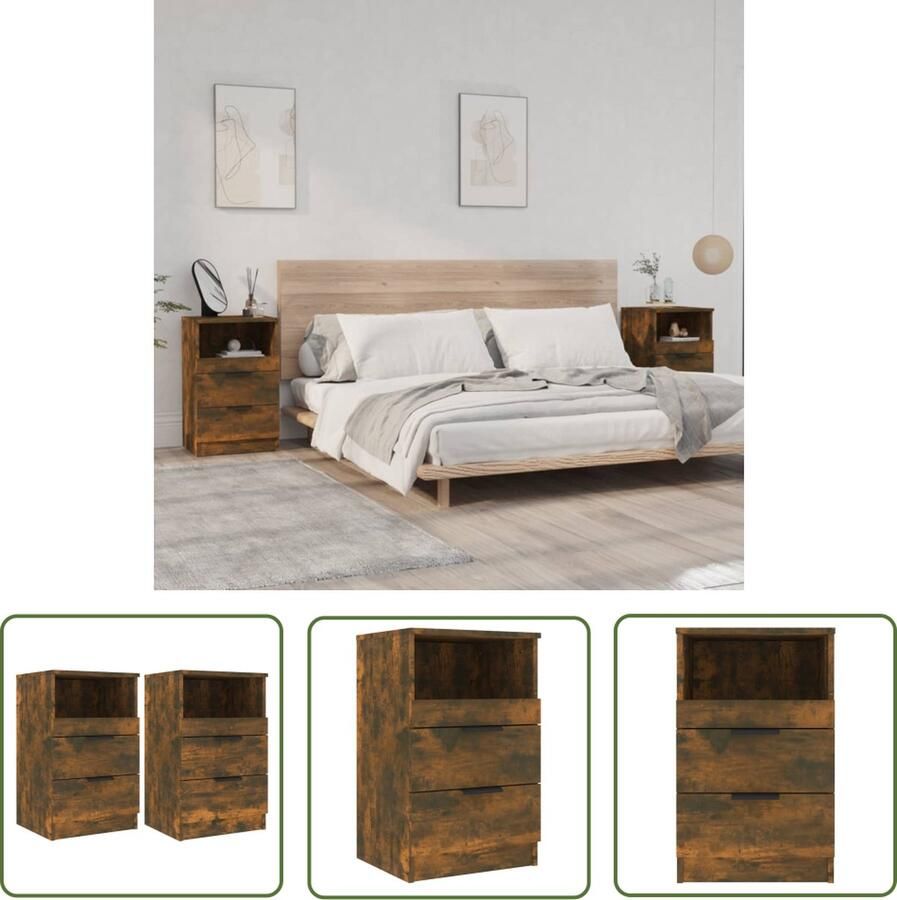 The Living Store Nachtkastje Gerookt eiken 40x36x65 cm Met 2 lades Stabiel blad Nachtkastje Bedkast Houten Nachtkastje Spaanplaat Meubel Bruin Meubel - Foto 2