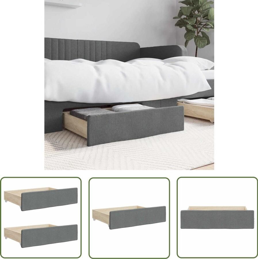 The Living Store Opberglades bed 2 st bewerkt hout en stof donkergrijs Opberglades Bedkasten Slaapkamerinrichting Donkere Kleuren Houten Meubilair