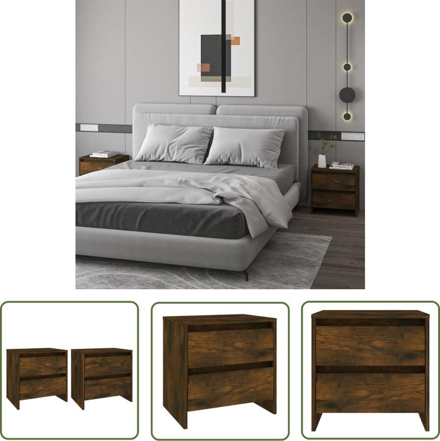 The Living Store Nachtkastjes 2 st 45x34 5x44 5 cm bewerkt hout gerookt eiken Nachtkastje Bedkastje Kamermeubel Houten Meubilair Bruine Meubels - Foto 2