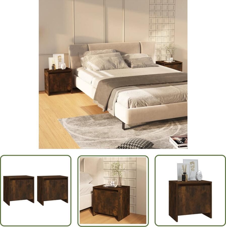 The Living Store Nachtkastjes 2 st 45x34x44 5 cm bewerkt hout gerookt eikenkleur Nachtkastje Bedkastje Slaapkamer Meubilair Houten Nachtkastje Bruine Nachtkastjes - Foto 2
