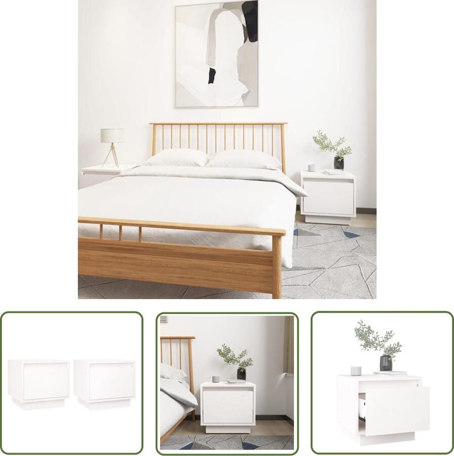 The Living Store Bedkastjes Massief grenenhout Wit 35 x 34 x 32 cm Set van 2 Nachtkastjes Bedkastjes Grenenhouten Meubilair Witte Meubelen Slaapkamersdecoratie - Foto 2