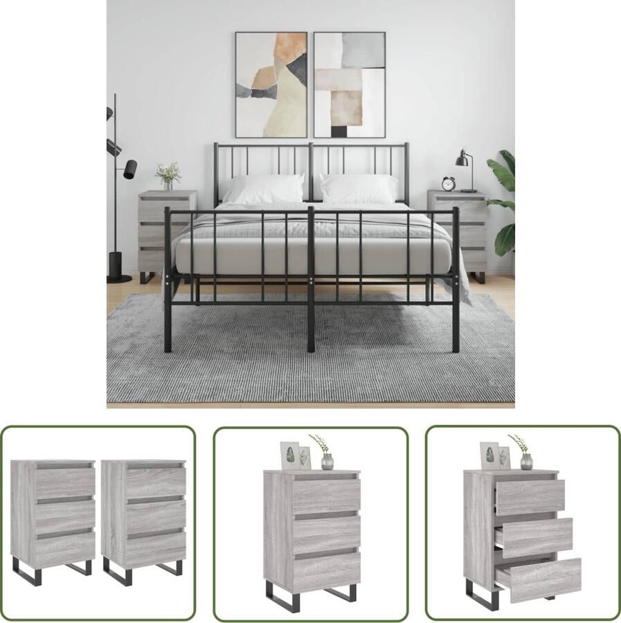 The Living Store Bedkastjes Grijs Sonoma Eiken Set van 2 40 x 35 x 69 cm Met 3 lades Nachtkastjes Bedkastjes Grijze Kastjes Houten Kastjes Salontafel - Foto 2