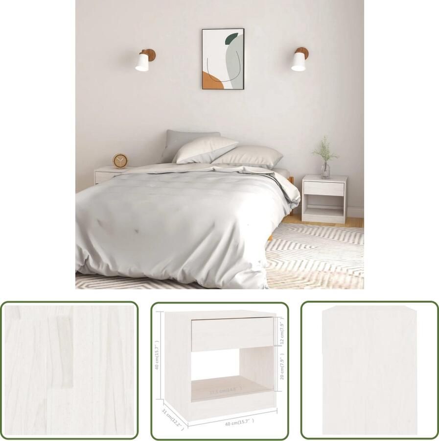 The Living Store Nachtkastje Set Massief grenenhout 40 x 31 x 40 cm Wit Nachtkastjes Bedkasts Meubilair Houtmeubel Grenenhouten Meubel - Foto 2