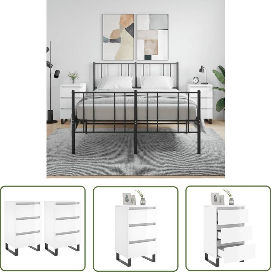 The Living Store Nachtkastjes 2 st 40x35x69 cm bewerkt hout hoogglans wit Nachtkastjes Bedkasts Witte Meubel Houten Meubel Woonaccessoires - Foto 2