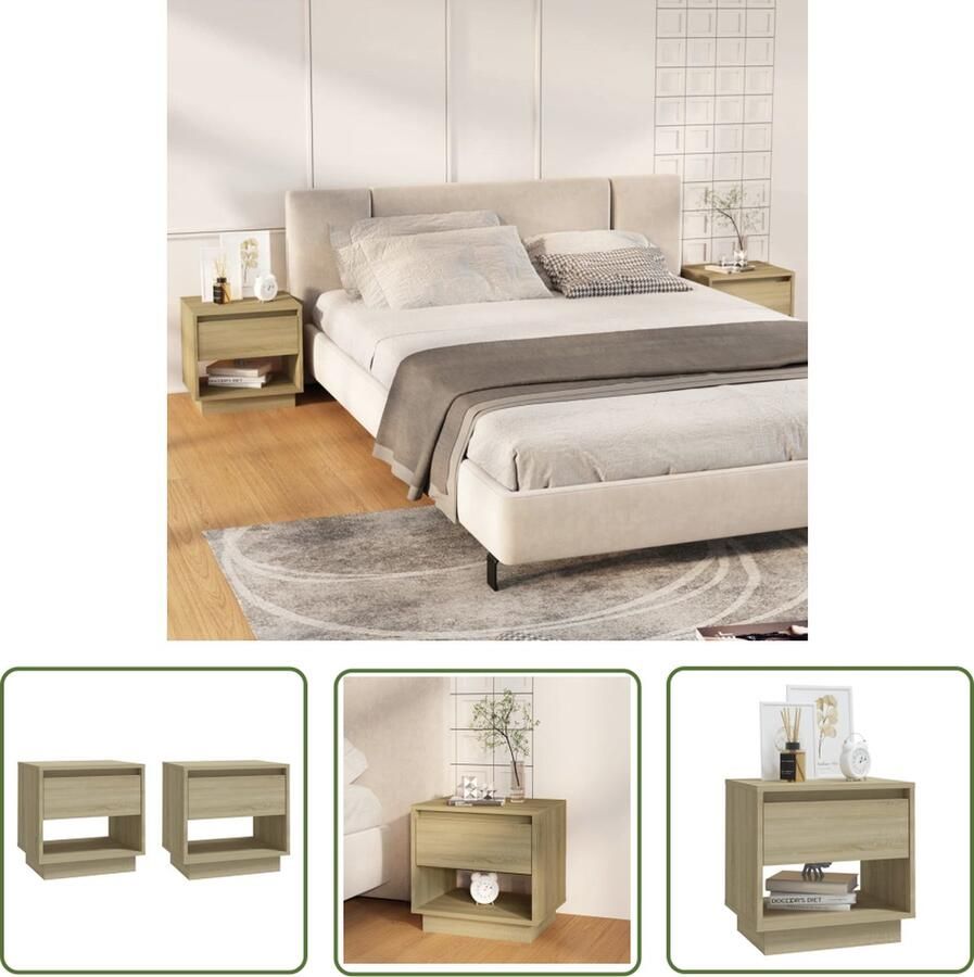 The Living Store Nachtkastjes 2 st 45x34x44 cm bewerkt hout sonoma eikenkleurig Nachtkastjes Bedkasts Salontafel Houten Meubilair Kamermeubel - Foto 2