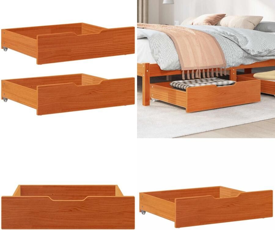 VidaXL Bedlades 2 st 65x55x16 massief grenenhout wasbruin Bedlade Bedlades Lade Onder Bed Opberglade Onder Bed