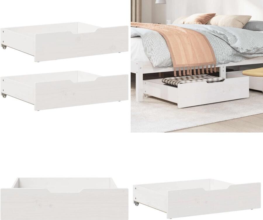 VidaXL Bedlades 2 st 75x55x16 cm massief grenenhout wit Bedlade Bedlades Lade Onder Bed Opberglade Onder Bed