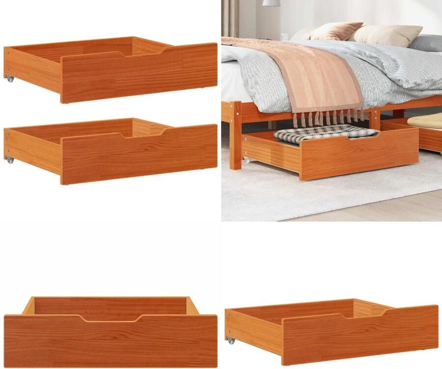 VidaXL Bedlades 2 st 75x55x16 massief grenenhout wasbruin Bedlade Bedlades Lade Onder Bed Opberglade Onder Bed