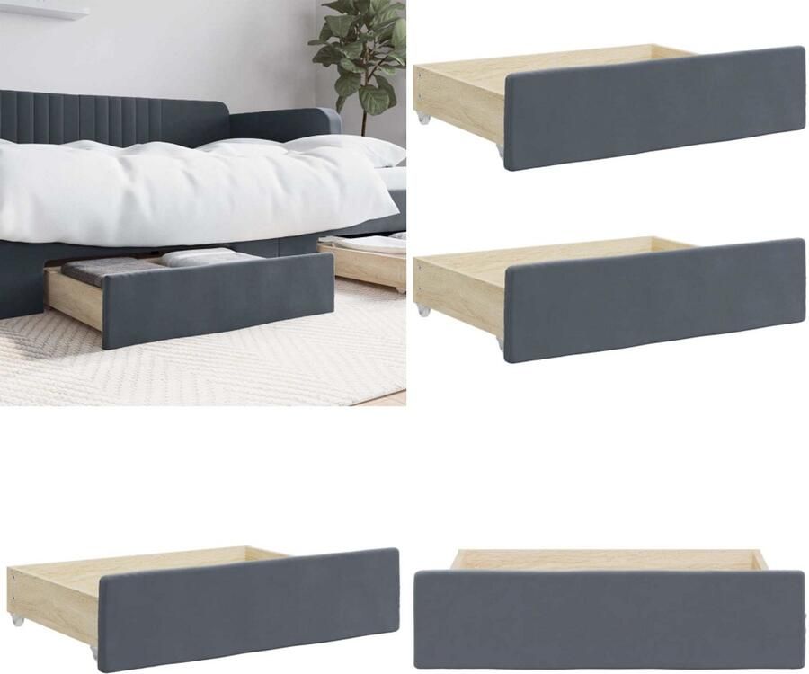 VidaXL Bedlades 2 st Bewerkt hout en fluweel donkergrijs Bedlade Bedlades Lade Onder Bed Lades Onder Bed