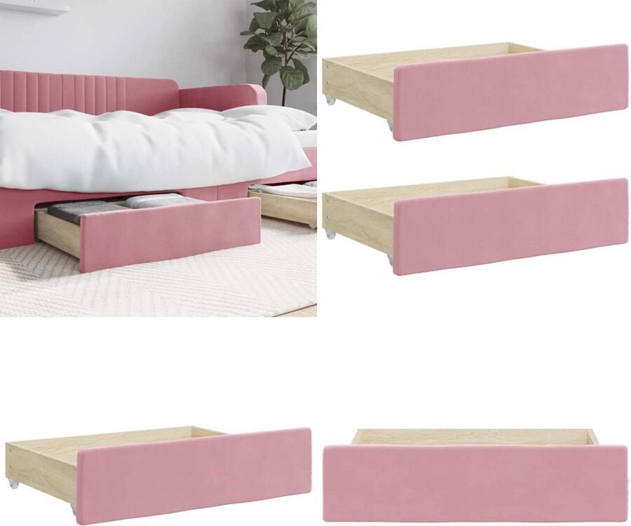 VidaXL Bedlades 2 st bewerkt hout en fluweel roze Bedlade Bedlades Lade Onder Bed Lades Onder Bed