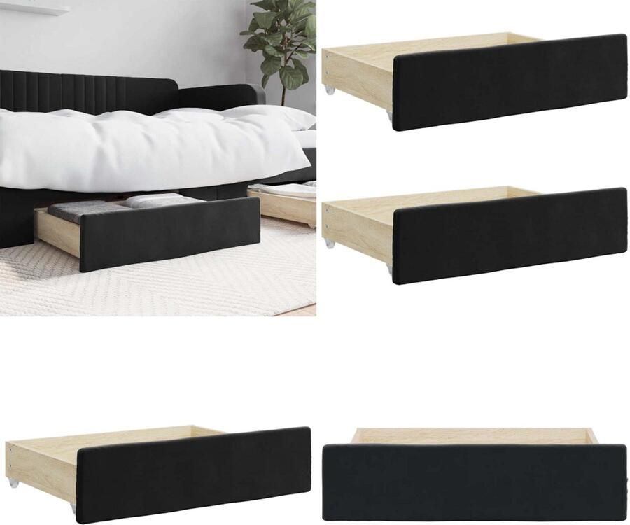 VidaXL Bedlades 2 st bewerkt hout en fluweel zwart Bedlade Bedlades Lade Onder Bed Lades Onder Bed