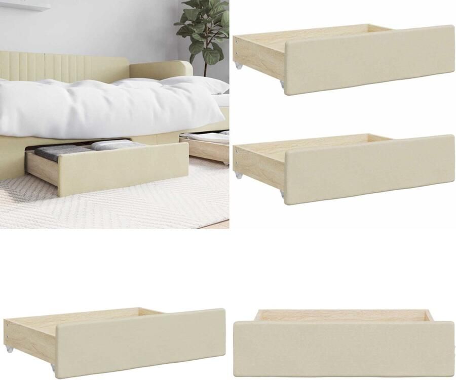 VidaXL Bedlades 2 st bewerkt hout en kunstleer crèmekleurig Bedlade Bedlades Lade Onder Bed Lades Onder Bed