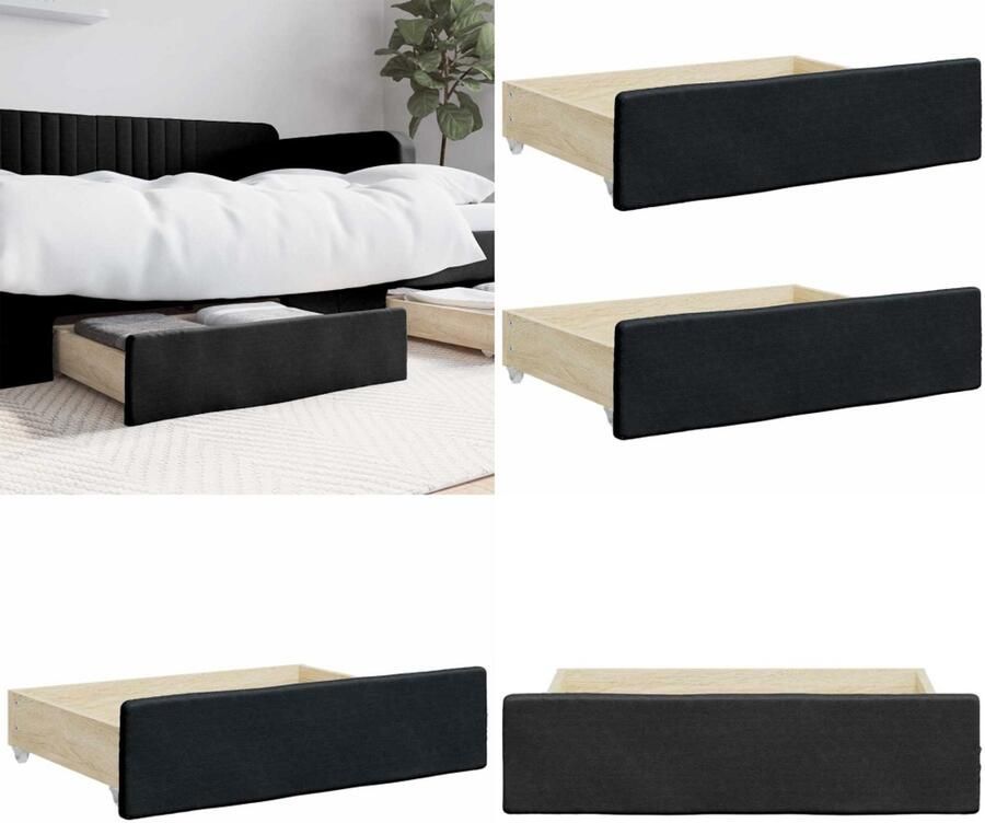 VidaXL Bedlades 2 st bewerkt hout en kunstleer zwart Bedlade Bedlades Lade Onder Bed Lades Onder Bed