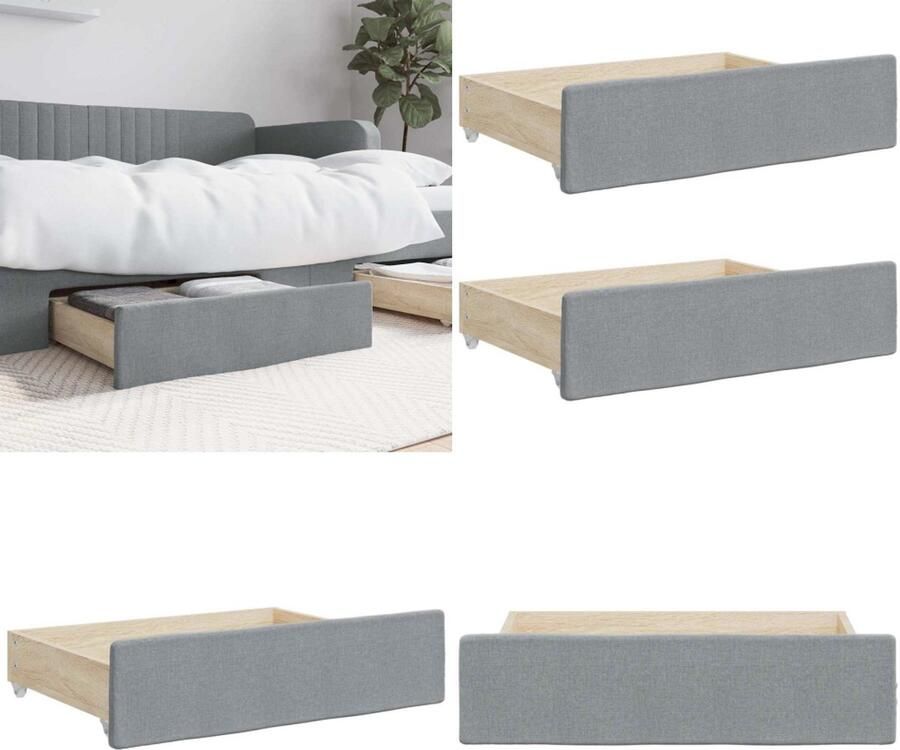 VidaXL Bedlades 2 st bewerkt hout en stof lichtgrijs Bedlade Bedlades Lade Onder Bed Lades Onder Bed