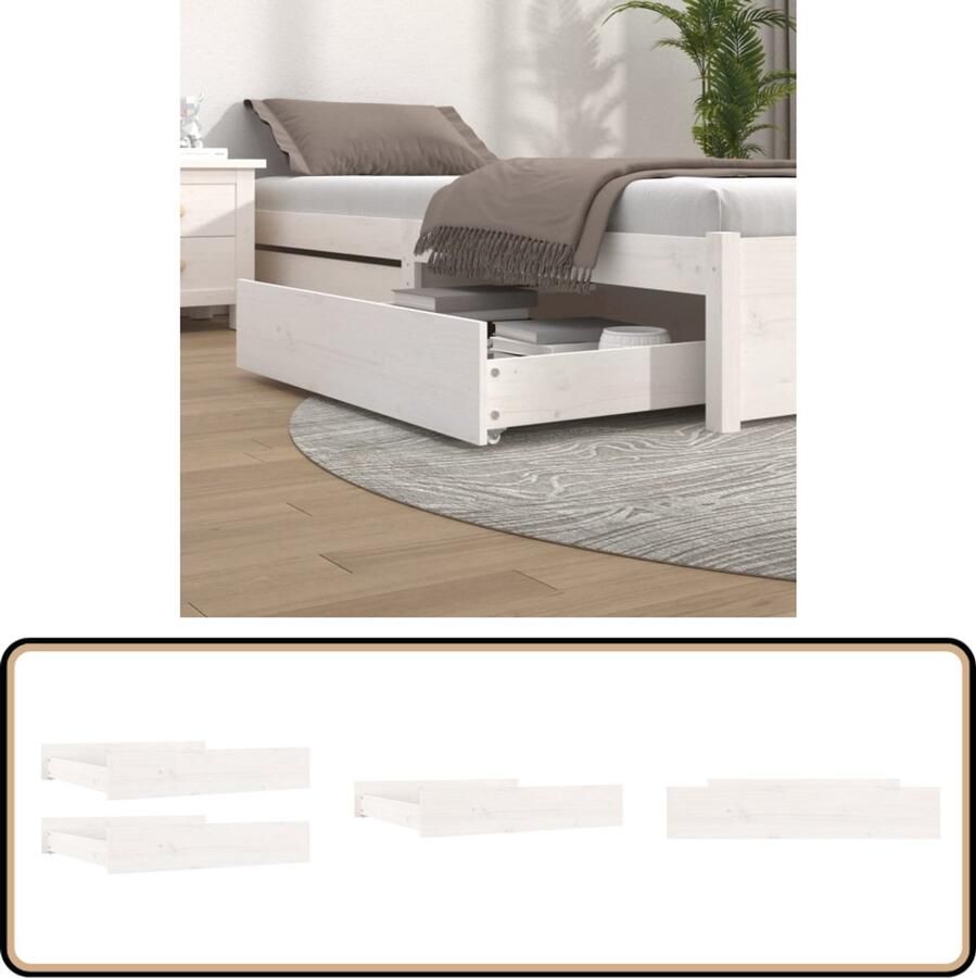 VidaXL Bedlades 2 st massief grenenhout wit Bedladekast Opbergkast Slaapkamerspullen Houten Lade Witte Kast Grenenhout Meubels Extra Bergruimte Kamer Accessoires Bedroom Storage Solutions