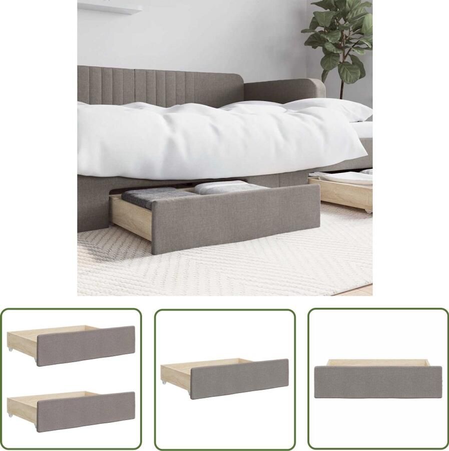 VidaXL Bedlades 2 stuks Bewerkt hout en stof Taupe Bedladen Opbergruimte Slaapkamer Hout Stof Taupe Kast Lade Extra Bergruimte Vochthoudend Soepel Rollen Montage Benodigd