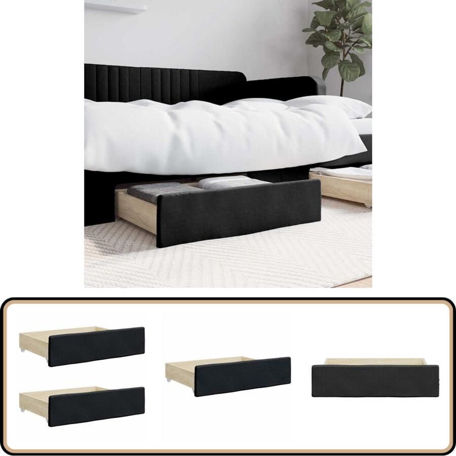 VidaXL Bedlades 2 stuks Zwart Bewerkte houten lades Bedlades Opbergruimte Kast Lade Slaapkamers Zwarte Meubels