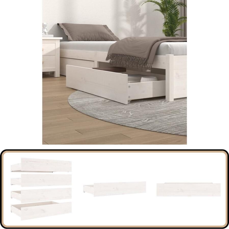 VidaXL Bedlades 4 stuks Massief Grenenhout Wit Houten Bedlades Opbergruimte Bed Bedkasten Witte Bedladen Houten Meubels Slaapkamersdecoratie Bijzettafels Kastjes