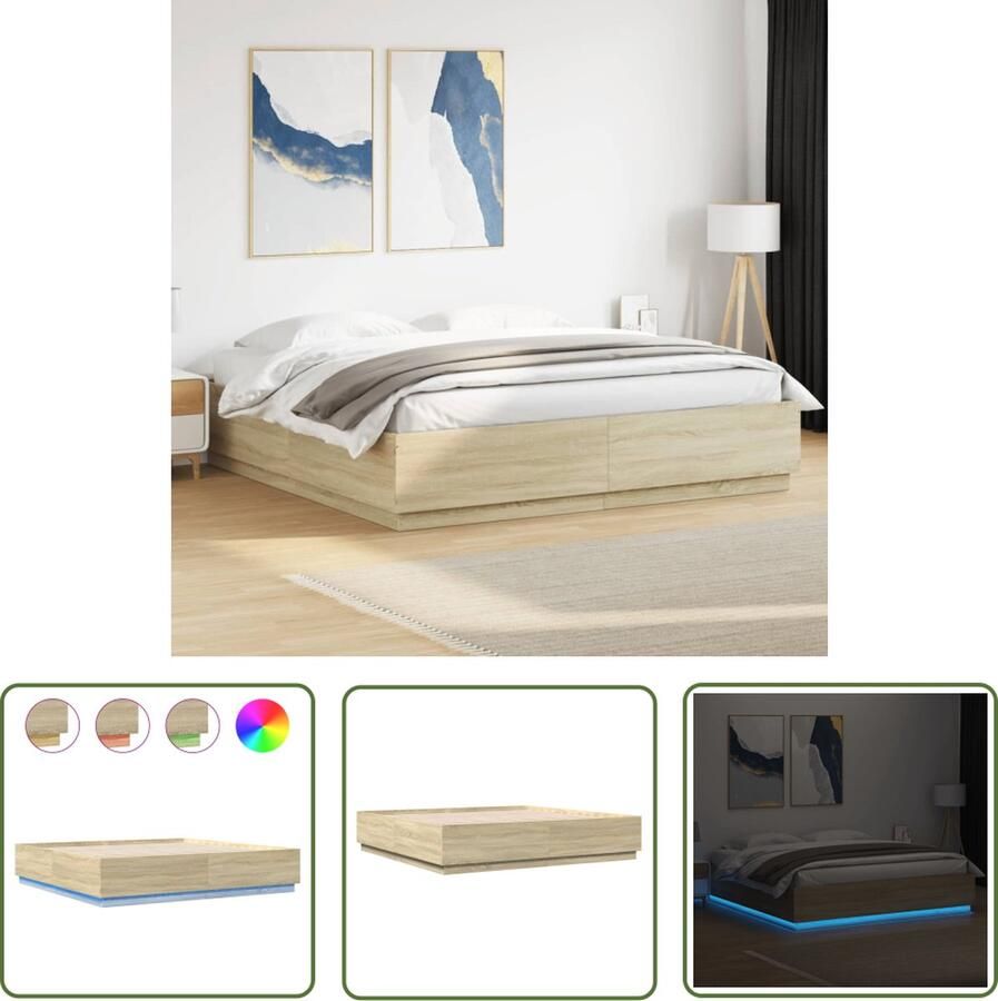 The Living Store LED Bedframe RGB LED-verlichting 203 x 183 x 40 cm Sonoma eiken LED Bedframe Bedroom Furniture Houten Bed Smart Bed Led Lighting Bed