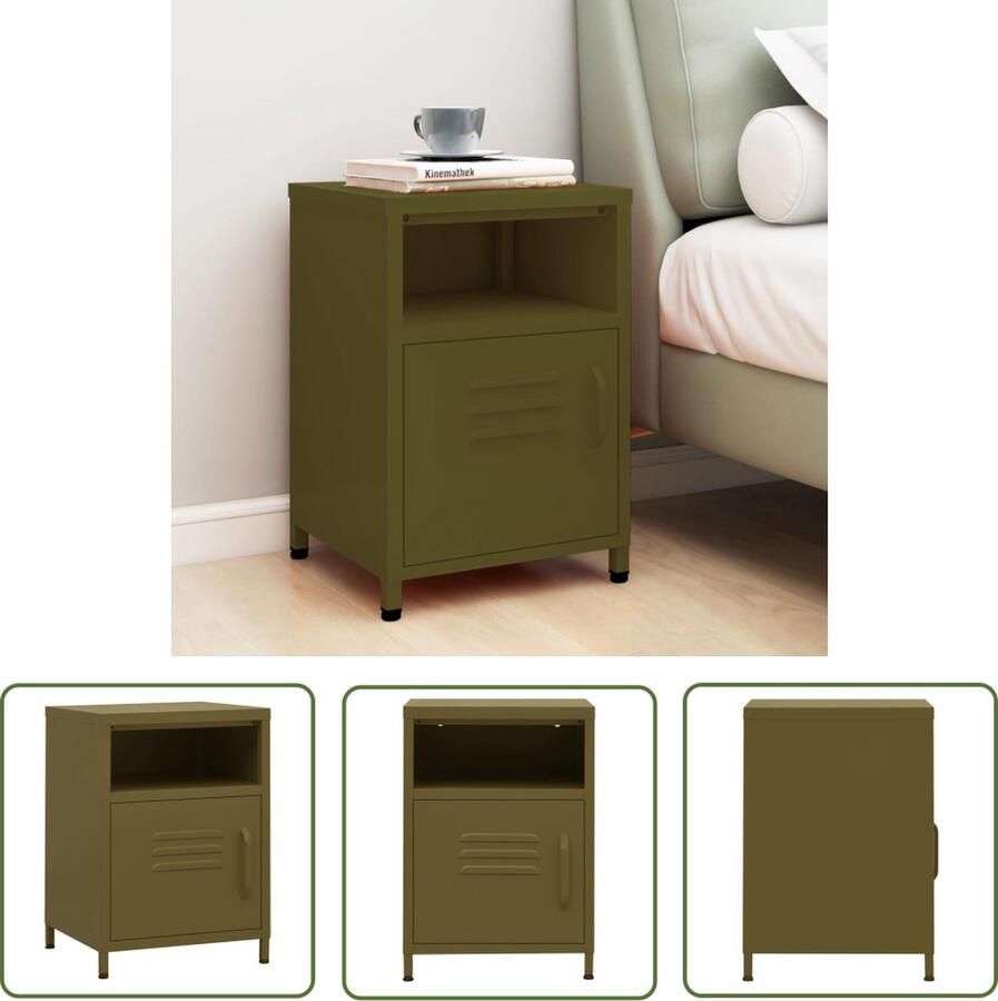 The Living Store Bedkastje Moderne Charme nachtkastje staal afmeting 35x35x51cm kleur olijfgroen Nachtkastje Bedside Table Nachtlampje Slaapkamersdecoratie Industrieel Design - Foto 2