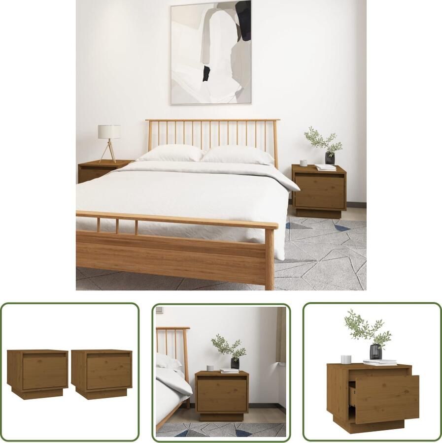 The Living Store Houten Bedkastjes Massief Grenenhout 35 x 34 x 32 cm Honingbruin Nachtkastje Bedsidetable Kamermeubel Hout Meubel Grenoblehouten Meubel - Foto 2