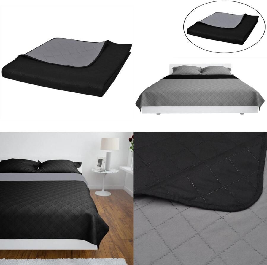 VidaXL Bedsprei gewatteerd dubbelzijdig 220x240 cm zwart grijs Bedsprei Bedspreien Bed Sprei Bed Spreien