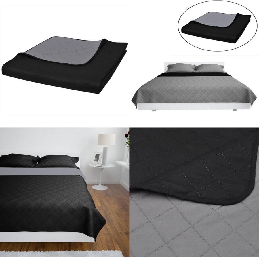 VidaXL Bedsprei gewatteerd dubbelzijdig 230x260 cm zwart grijs Bedsprei Bedspreien Bed Sprei Bed Spreien