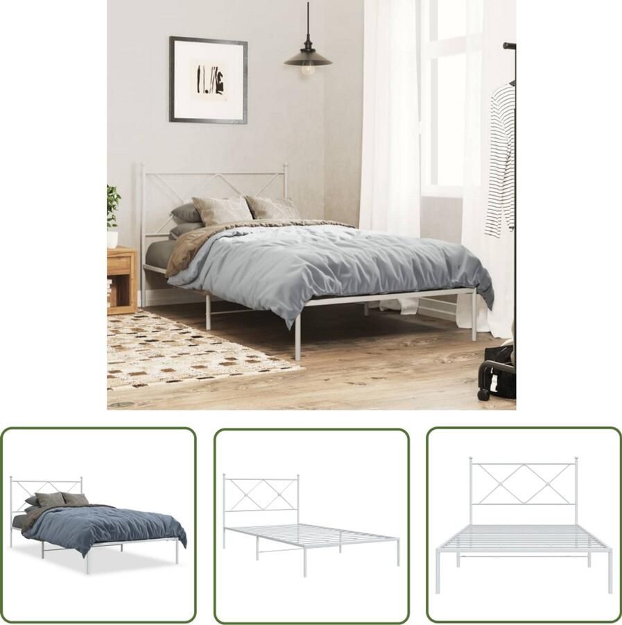 VidaXL Bedframe met hoofdbord metaal wit 100x200 cm Bed Frame Bedstead Staal Bedframe Wit Bedframe Tweepersoons Bed