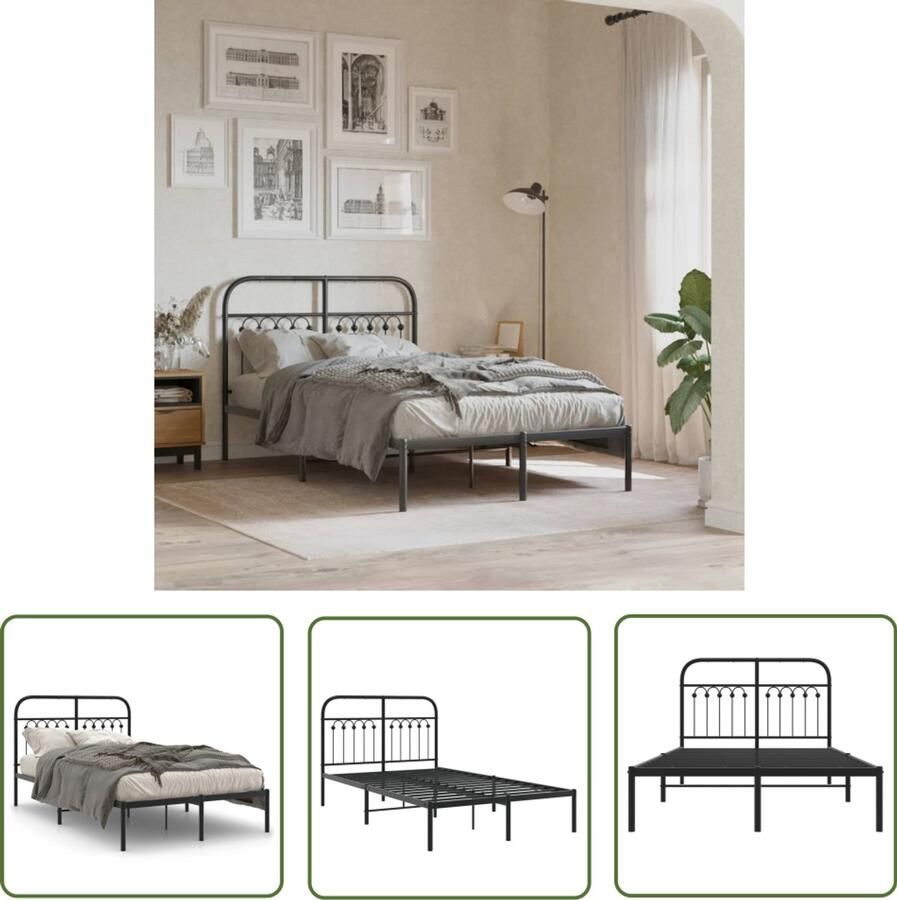 VidaXL Bedsteun Bed Frame Bedframe met hoofdbord metaal zwart 120x190 cm Staal Bedframe Zwart Bedframe Tweepersoons Bed